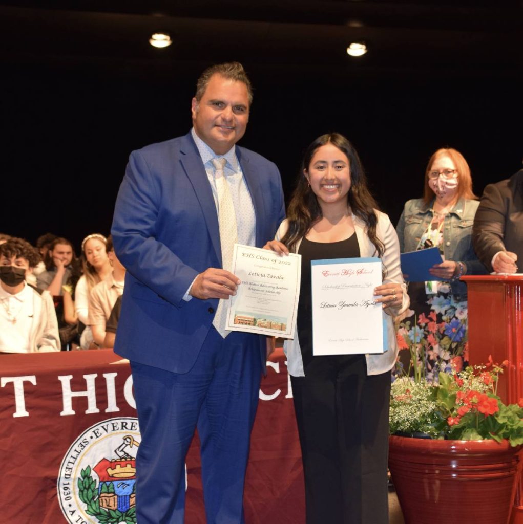 Mayor Carlo DeMaria alongside Leticia Zavala, who received the EHS Alumni Advocating Academic Achievement Scholarship.