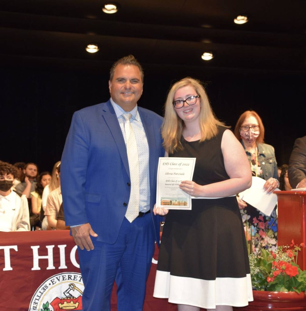 Mayor Carlo DeMaria alongside Olivia Parziale, who received the EHS Class of 1978 Memorial Gift Scholarship.