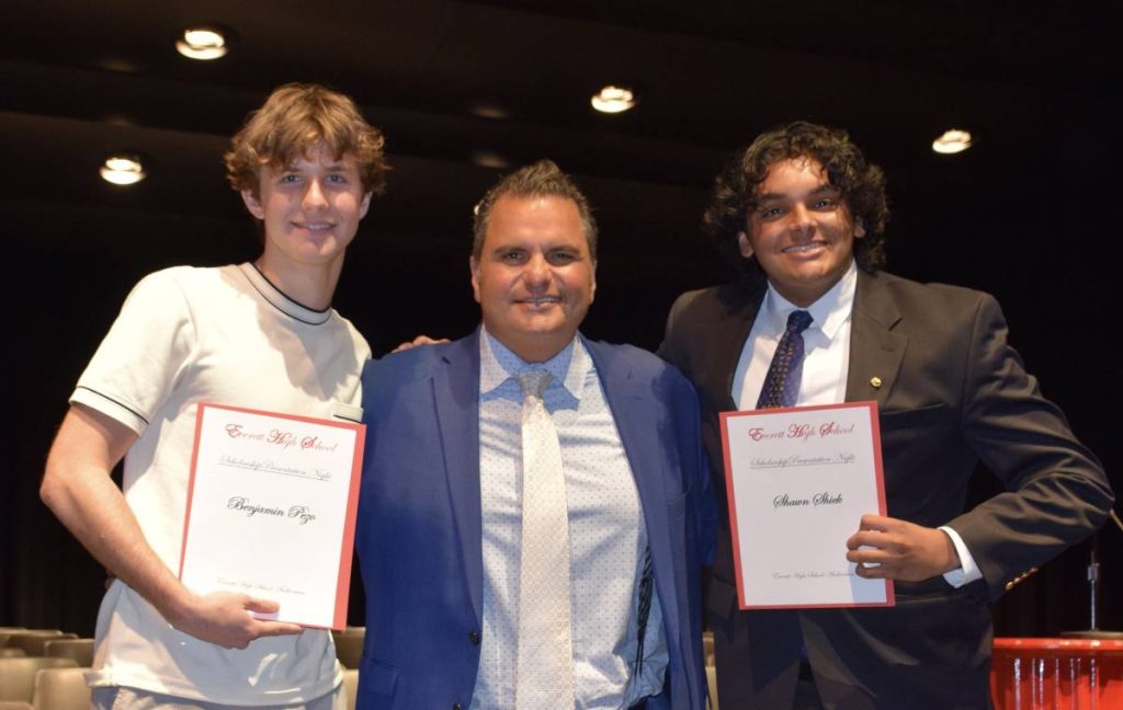 Mayor Carlo DeMaria alongside EHS Scholarship recipients Benjamin Pezo and Shawn Shiek.