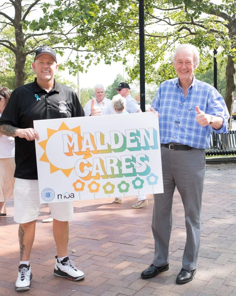 Addiction Recovery Resource Specialist Paul Hammersley and Senator Markey showing their support for Malden Cares-2