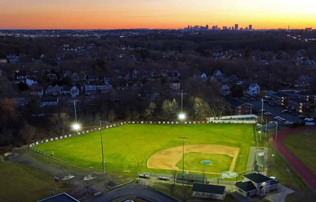 UNDER THE LIGHTS A nighttime aerial view of World Series Park, where the Saugus High School baseball team will play their first night baseball today-2