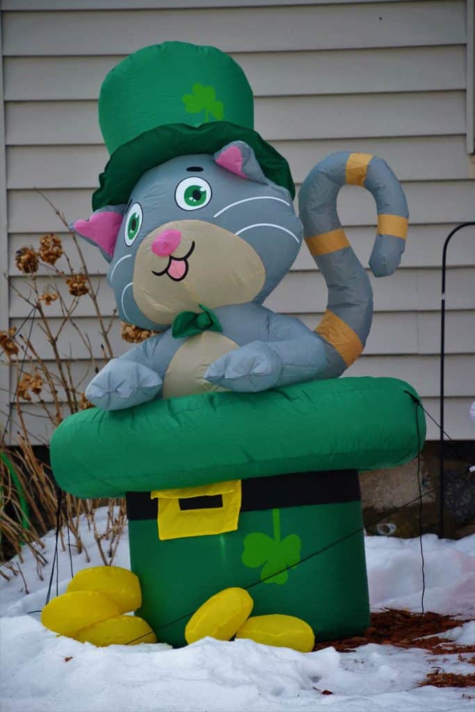 A GRAY CAT IN A GREEN HAT This inflated figure in Tonia Chadwick’s front yard shares a day of celebration for St. Gertrude and St. Patrick-2