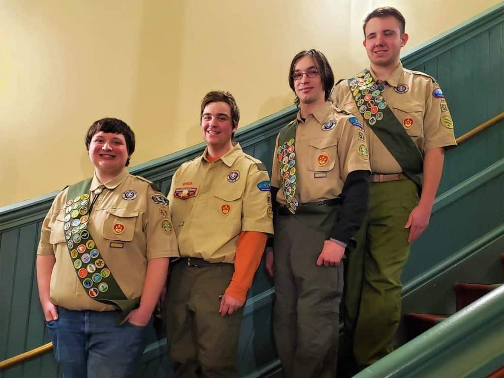 Cover photo for Feb. 18 Saugus Advocate HONORED GUESTS Left to right, Eagle Scouts Colin M. Wildman, Dominic J. Imbrogna, David W. Woodworth and Michael S. Kallelis of Saugus Boy Scout Troop 61-2