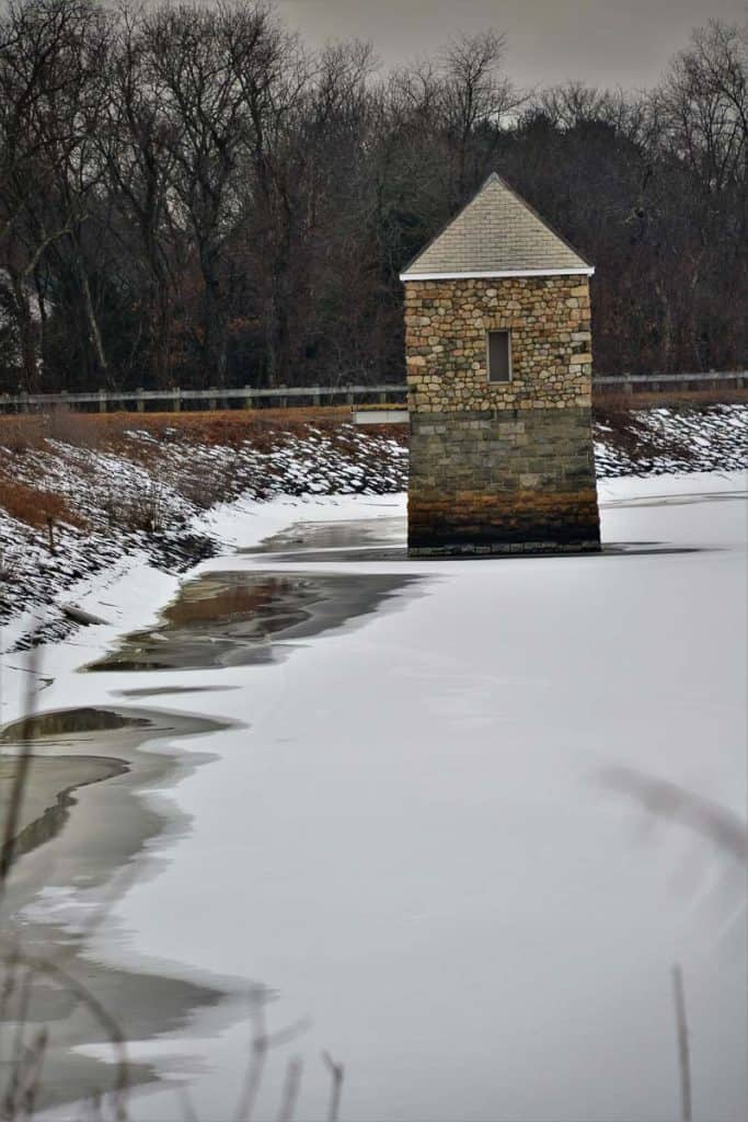 A WINTER SCENE The old pumping station on Hawkes Pond stands out on the snow-2