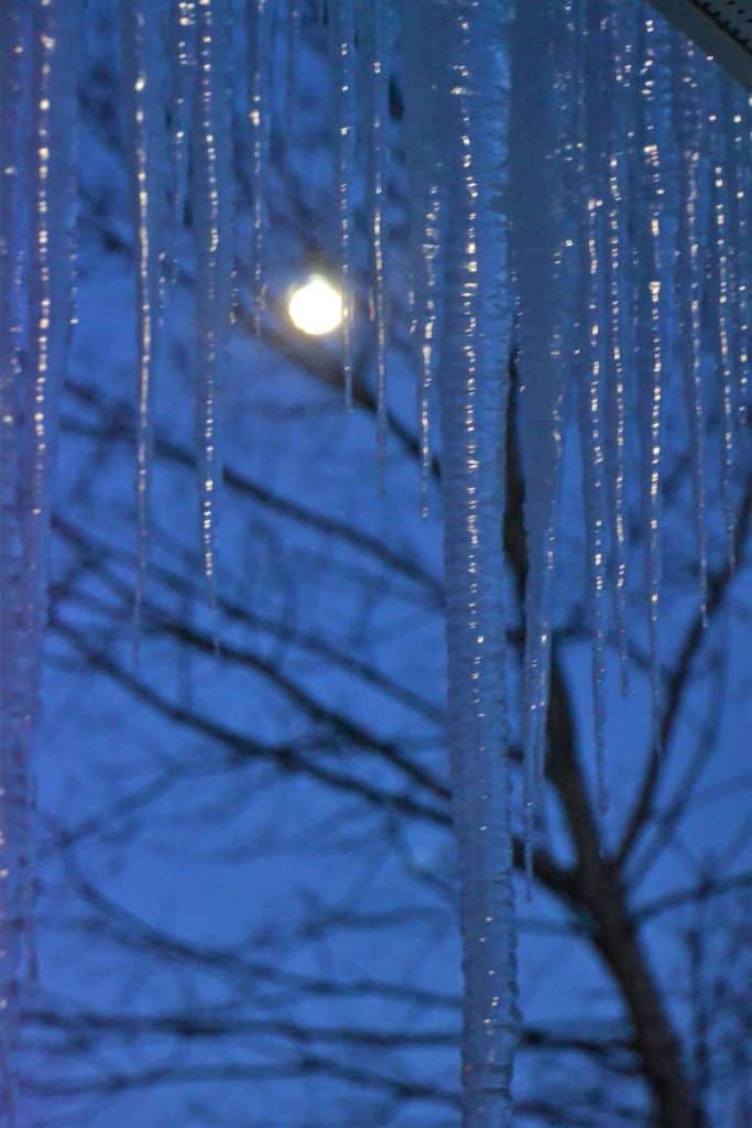 ART IN MY WINDOW The almost-full moon rises through a curtain of icicles on Valentine_s Day evening-2