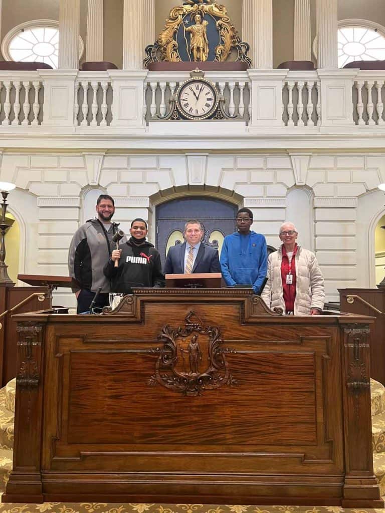Senator DiDomenico with students and staff from Devens School in Senate Chamber