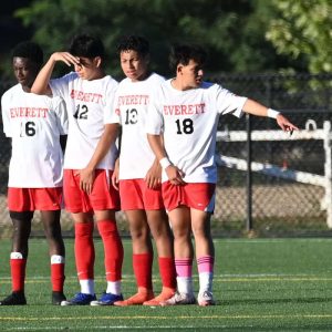 Members of the Everett boys’ soccer team line up to block the Malden penalty shot in recent GBL action. Shown from left to right, are; Luvens Hector, Jefferson Carballo, Rene Lainez and Efrain Ramos.  (Advocate file photo)