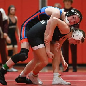 Saugus’ Landon Rodriguez is shown battling a Gloucester opponent in a recent match. (Advocate photo by Emily Harney)