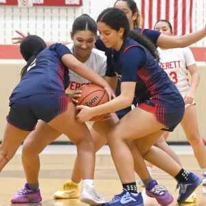 Lady Pats Rebecca Mercado and Sarah Lechheb battle for the ball during recent action against Everett.