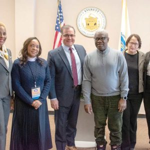 Pictured from left to right: Councilor-at-Large Guerline Alcy Jabouin, Everett Haitian Community Center Founder/Director Rev. Dr. Myrlande DesRosiers, Mayor Robert J. Van Campen, Haitian Church of God of Unity Senior Pastor Reverend Guival Mercedat, Health Care For All Director of Community Engagement Jamila Xible, Ward 2 Councillor Stephanie Martins.