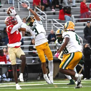 Tide’s Jamauri Dulin makes a nifty catch while being face masked by a Ram’s defender.