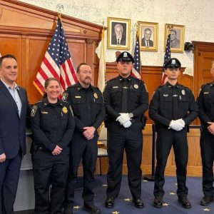 Shown from left to right, are: Mayor Patrick Keefe, Chief Maria LaVita, Lt. Glenn Malley, Off. Christopher Castro-Garcia, Off. Nathaniel Detillio-Eam, and Capt. Thomas Malone were sworn in as Revere Police Officers lateral appointments, or from another community, on Thursday, March 26.