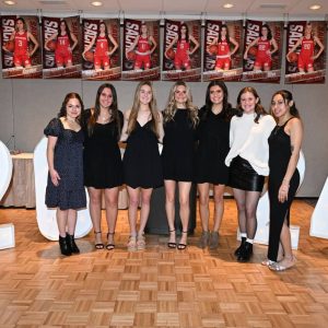 The 2023-2024 Saugus seniors pose for a photograph to close out their final basketball season as a Sachem. Shown from left to right, are; Juliana Powers, Ashleigh Moore, Jessica Bremberg, Amelia Pappagallo, Devany Millerick, Madi Femino, Ashleen Escobar.