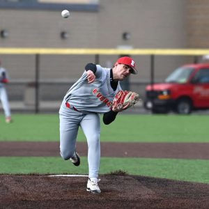 Everett starting pitcher Derek Soper rips a pitch to a Rams batter during recent action in Lynn.