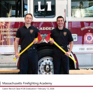 Malden Firefighters Stephen Froio (left) and Matthew Moreschi (Photo courtesy Jake Wark, Public Information Officer, Dept. of Fire Services)
