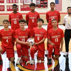 TEAM LEADERS: Everett High School Boys Varsity Soccer Seniors: Gabriel Garcia, Lucas Rabelo-Araujo, Daniel Pinho, head coach; Rodney Landaverde. Front row from left to right: Isaque Miranda-Agostinho, Kerim Memic, Anthony Sanchez, Bryan Souza.