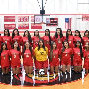 Everett Crimson Tide girls soccer team shown from left to right: Emelly De Jesus, Tiffany Aguilar, Gabriella Lones Rivera, Kaylyn Rivera, Luna Sepulveda, Casey Martinez, Sofia Arana-Quintanilla, Kathleen Desouza, Connie Paz Hernandez, Gisele Erazo, Johanna Flores, and Head Coach Domenick Persuitte. Front Row: Odalis Sandaval, Melanie Ribeiro, Isabella Mitrano, Lavina Simon, Gabriella Menjivar, Kayla Andrade, Gissell Lemus, Rosa Romero and Tori Short.