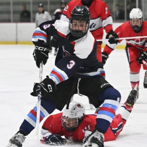 Saugus’s Jake Kelley, who is shown battling Everett last month, scored on a rebound during their recent battle against Winthrop.