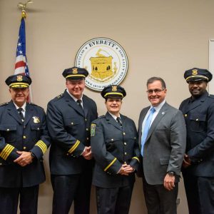 From left: Police Chief Paul Strong, Captain Neil Burke, Lieutenant Heather Dupont, Mayor Robert Van Campen and Sergeant Eric Williamson.