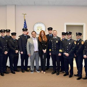 Mayor Carlo DeMaria, First Lady Stacy DeMaria and Provisional Fire Chief Joseph Hickey alongside the 12 newly-appointed Everett firefighters at city hall on Monday evening.
The new firefighters were administered their oaths as family members gathered in attendance. See photo highlights at www.facebook.com/advocate.news.ma