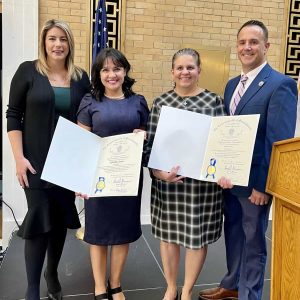 HONORED: Shown from left to right are State Representative Jessica Giannino (D-Revere), Honoree Claudia Correa, Principal Donis Tracy of the Immaculate Conception School in Revere (Representative Jeff Turco's nominee) and Mayor Patrick Keefe. (Courtesy photo)