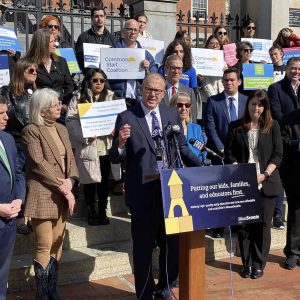 State Senator Jason Lewis spoke at an EARLY ED Act rally on the State House steps before Senate debate. He is shown with Senate President Karen Spilka, Senators Will Brownsberger, Sal DiDomenico, Marc Pacheco, Susan Moran and Robyn Kennedy and early education and care providers and advocates.