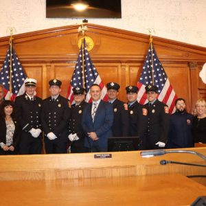 Shown from left to right, are: Ward 2 City Councillor Ira Novoselsky, Ward 4 City Councillor Paul Argenzio, Ward 5 City Councillor Angela Guarino Sawaya, Lt. Michael Mullen, Garrett McMahon, Michael Banks, Mayor Patrick Keefe, Anthony D’Ambrosio, Anthony Sandoval, Nicholas Hartman, Councillor-At-Large Juan Jaramillo, Ward 1 City Councillor/Councillor-At-Large candidate Joanne McKenna, Ward 5 City Councillor Angela Guarino Sawaya and School Committee Vice Chair Jacqueline Monterroso.