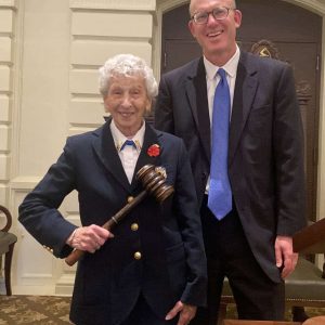 Margaret Labedz holds the senate president’s gavel at the State House with State Senator Jason Lewis after the former Malden native was recognized during the state’s first-ever Military Appreciation Day in May.  (Courtesy photos)