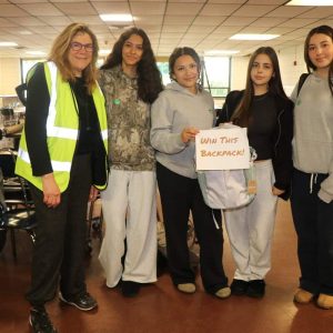 Shown from left to right: Green Streets Initiative Founder/Director Janic Katz-Christy interviewed Revere High School students Farah Meghraoua, Alisson Barrera, Meriam Benkirane and Sierra Peti about transportation modes.