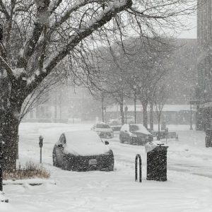Malden Square covered with snow at the height of the storm late Sunday afternoon (Advocate Photo)