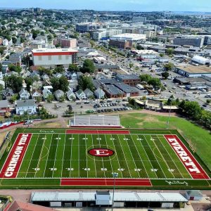 An overhead shot of the newly renovated football field at Everett Veterans Memorial Stadium.