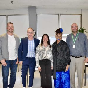 From left to right are City of Everett Assistant Director of Youth Substance Abuse Prevention Eric Mazzeo, Devens School Principal Sean Kiley, Senior Consultant/Wellness Coach Taiany Goulart, Diversity, Equity and Inclusion Officer Simone Holyfield and EPS Director of Social & Emotional Learning Dr. Brian Wallace.