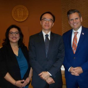 Mayoral challenger Lisette Alvarado, debate moderator/Commonwealth Seminar President and CEO Leverett Wing and Mayor Gary Christenson (right) are shown at the mayoral debate at the Washington Street Senior/Teen Center on Wednesday, October 18. The debate was sponsored by the Greater Malden Asian American Community Coalition. (Advocate photo by Neil Zolot)