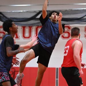 4.	Ryan El Babor goes up for a basket during Revere’s scrimmage with Saugus.