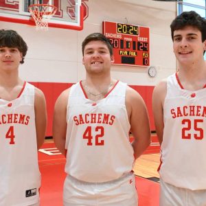 TEAM LEADERS: Leading the Sachems boys basketball team, pictured from left to right, are seniors Isiah Rodriguez, Captain Braden Faiella and Travis Goyetche. (Advocate photo by Emily Harney)