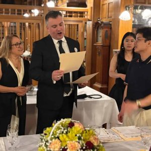 Friends of the Malden Public Library President Mary Ellen O’Meara, Auctioneer Dave Ball, Angela Han and VP Huy Nguyen