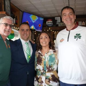 Shown from left to right: Murray’s Tavern co-owner John Murray, Mayor Patrick Keefe, Jennifer Keefe and State Rep. Jeffrey Turco during “Pints with Pat” at Murray’s Tavern last Thursday night.