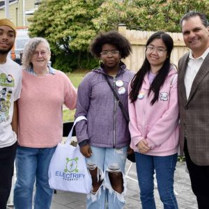 Pictured from left: Josiah Fuller, Martha Chason-Sokol, Na’Tayeja Robinson, Angela Su, and Mayor Carlo DeMaria. The youth are part of the City of Everett’s Youth Workforce Development program working with Art Lab Everett.