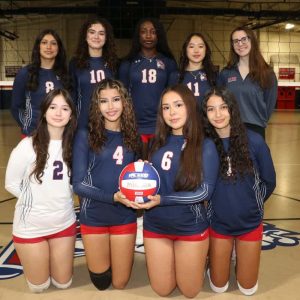 Shown from left to right: Kneeling: Lady Pats Volleyball seniors Samantha Indorato, Basma Sahibi and Isabella Arroyave; back row: seniors Susan Lemus Chavez, Dayana Ortega, Samarah Meristal and Jade Dang and Head Coach Emilie Clemons. (Advocate file photo)
