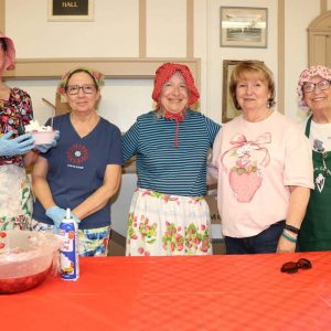 Shown from left to right: Saugus Historical Society Secretary Joanie Allbee, Saugus Garden Club member Karen Rakinic, Historical Society President Laura Eisener, Everett resident Kathleen Carlton and Historical Society member/Garden Club Treasurer Randy-Sue Abber during Saturday’s Strawberry Festival at the American Legion Hall.