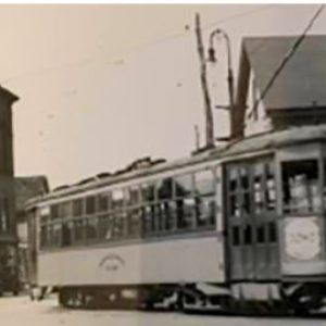 In addition to the railroad line that ran nearby, Maplewood Square was served by a trolley. Looking west down Salem Street, perhaps in the 1930s; the Converse Building is on the left. (Photo courtesy of Jack Fusco – source unknown)