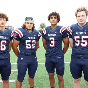 TEAM LEADERS: The 2022 RHS Patriots Football team Captains, from left; Davi Barreto, Jason Shosho, Sami Elasri, and Max Doucette. The Pats head to Peabody tonight in their season opener against the Tanners (scheduled 7 p.m. kickoff) in what could be a good test for the Pats for a successful season. See page _ for story and photos. (Advocate photo)