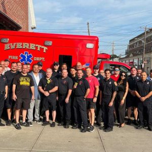 Mayor DeMaria joined with Fire Chief Scott Dalrymple, Everett firefighters and elected officials at the Hancock Street fire station for a ceremony to officially announce the new Basic Life Support ambulance is in service.