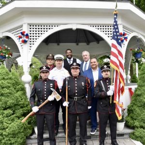 Mayor Carlo DeMaria is shown with the Everett Fire Department Honor Guard was present throughout the Memorial Day Service.