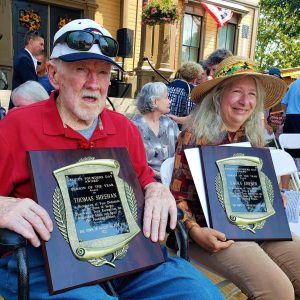The 2022 “Person of The Year” Award recipients, Tom Sheehan and Laura Eisener, were recognized at Founder’s Day last year for their contributions to the betterment of Saugus. At noon tomorrow (Saturday, Sept. 9), on the steps of Town Hall, there will be a special presentation when this year’s honorees are introduced. (Saugus Advocate file photo by Mark E. Vogler)