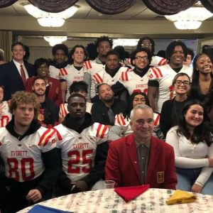 Members of the EHS Crimson Tide football team and cheerleaders are shown with members of the Everett Kiwanis Club at the October luncheon held at Anthony’s in Malden. The Kiwanis Club would feature a guest speaker who would address the Everett and Malden football teams and cheerleaders. President Fred Capone, along with some members, welcomed the attendees to the annual event.