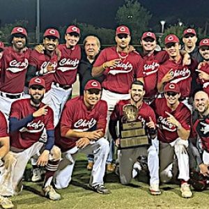 The Andre Chiefs, whose home field is in Maplewood Park in Malden, are the 2023 Intercity League (ICL) Champions. Two Malden residents on the player roster are – second row, from left – Shai Cohen and Andrew Caulfield, the ICL’s leading slugger. (Courtesy ICL)