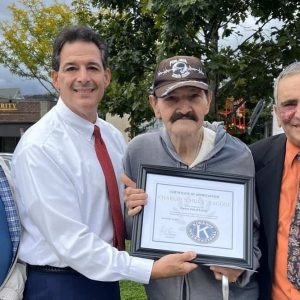 The Everett Kiwanis recently presented a certificate of appreciation to local military hero Charles “Chuck” Fagone for his service to Country and Community. He served as an E-5 Sergeant in the United States Marine Corps and is a recipient of the Purple Heart. Pictured with Sergeant Fagone is Everett Kiwanis President Fred Capone, past Kiwanis Lt. Governor John Mattuchio and incoming President Pat Roberto. (Courtesy photo)