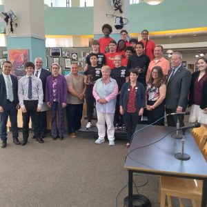 Supt. of Schools William Hart is shown with members of the Everett School Committee and students of the award-winning EHS STEM Club team who were recognized at Monday’s meeting.