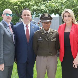 Pictured from left, City Council President Marc Silvestri, Mayor Patrick Keefe, State Senator Lydia Edwards and State Representative Jessica Giannino at the Memorial Day Ceremonies at McMackin Veterans Memorial Park Monday morning.